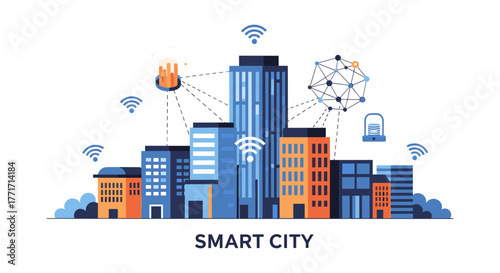 Smart city concept with modern technology and wireless connectivity in flat design
