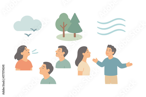 Flat style breathing exercises with calm nature elements for mindful relaxation