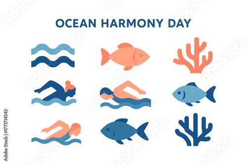 Flat design marine elements: fish, coral, and swimmers for ocean harmony day