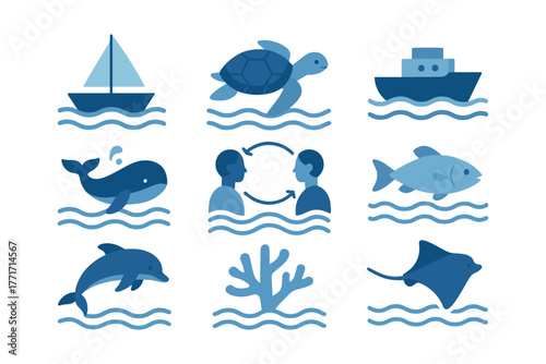 Nautical icons: marine life and ocean vessels in minimalist blue design