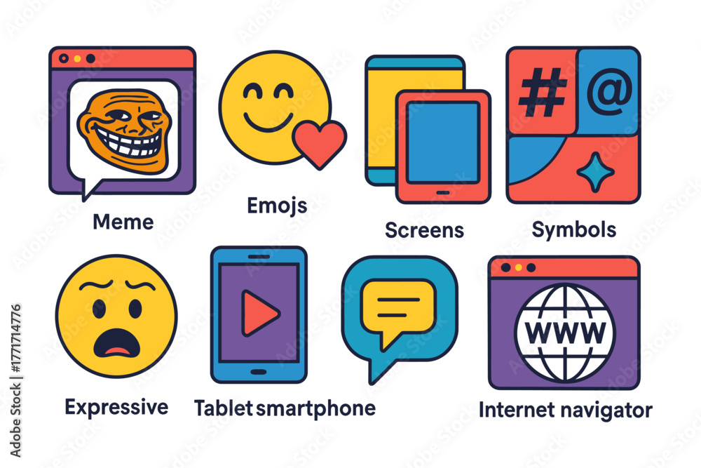 Fototapeta premium Colorful cartoon style internet and emoji icon set