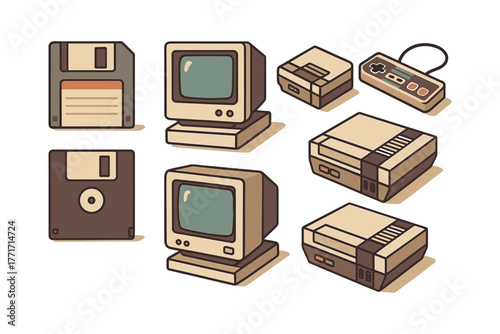 Retro technology icons featuring classic computers and gaming consoles