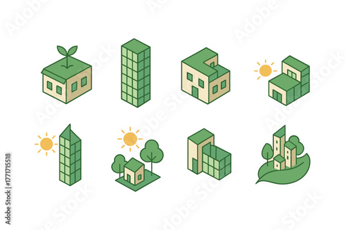 Eco-friendly isometric buildings with sustainable urban design and green architecture
