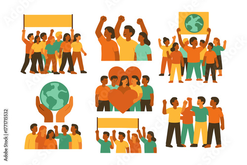 Diverse group protesting for environmental and social causes in flat design
