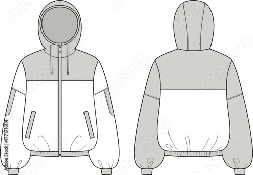 Hooded bomber jacket flat sketch, technical fashion illustration, front and back view outerwear design, apparel template with pockets and zipper detailing