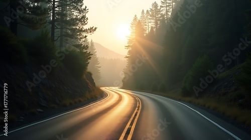 Golden hour sunbeams illuminate a curving forest road, creating a mystical atmosphere