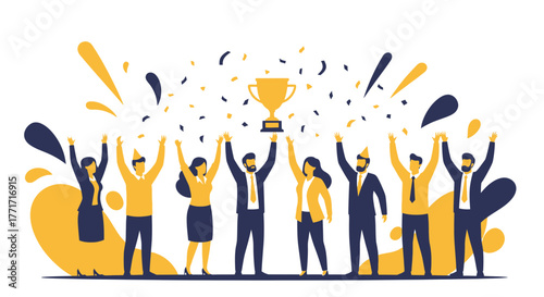 Triumphant Team Celebrating Their Victory, Holding a Golden Trophy High Above Their Heads