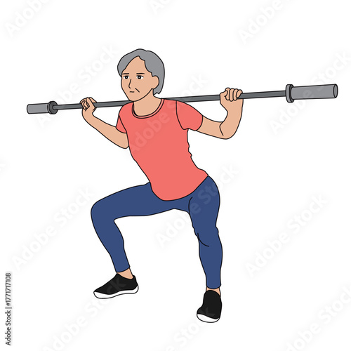 Senior Woman Barbell Squat Illustration. Elderly Leg and Core Strength Training Vector Diagram.