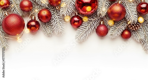 Frosted Pine and Red Ornament Christmas Background with Copy Space, banner and web header
