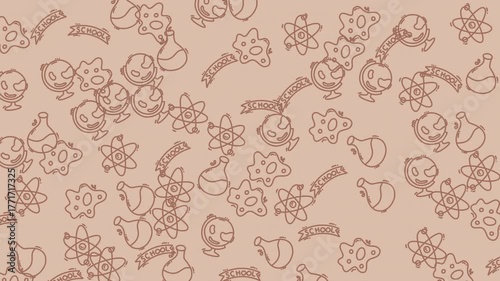 Playful pattern of whimsical science-themed illustrations featuring beakers and atoms on a pink backdrop