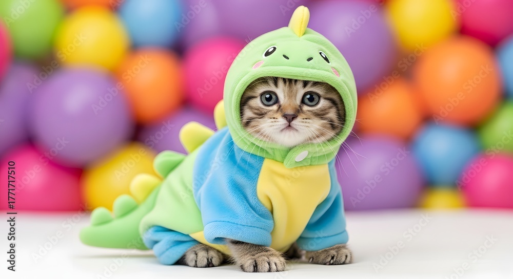 Fototapeta premium Cutest Dino Cat: An adorable kitten dressed in a dinosaur costume gazes into the camera, surrounded by colorful spheres, combining cuteness with playful fantasy.