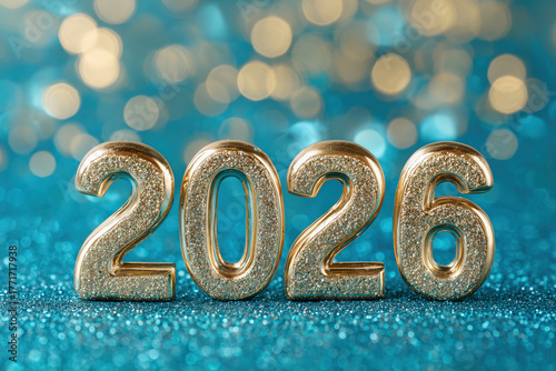 celebrate 2026 golden glitter numbers standing on blue turquoise shiny surface with bokeh lights in background, closeup, new years eve day, silvester party, photorealistic