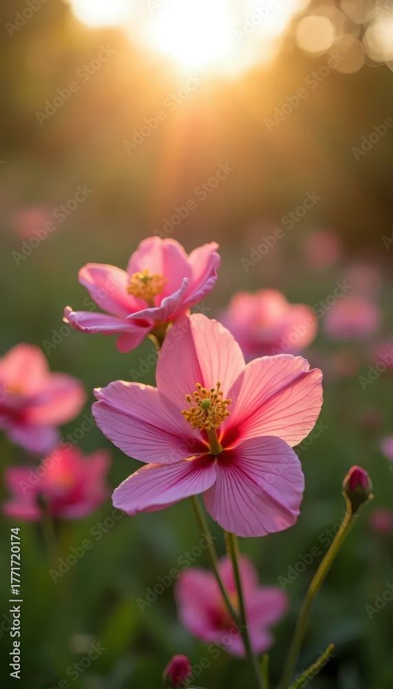 Fototapeta premium Gambar dekat bunga merah muda di ladang bunga.