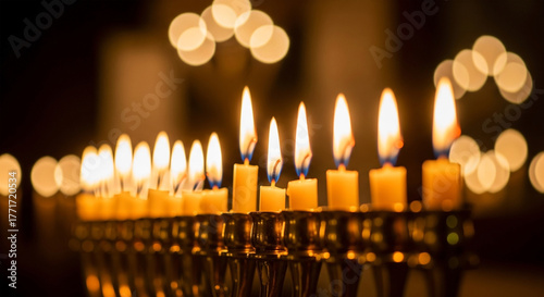 A close-up, eye-level shot of a menorah with lit candles, the main focus is the candles and their flames