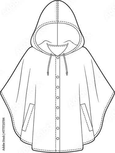 Hooded poncho technical drawing, fashion flat sketch, garment design vector, cape jacket illustration, clothing template, outerwear mockup style for apparel industry
