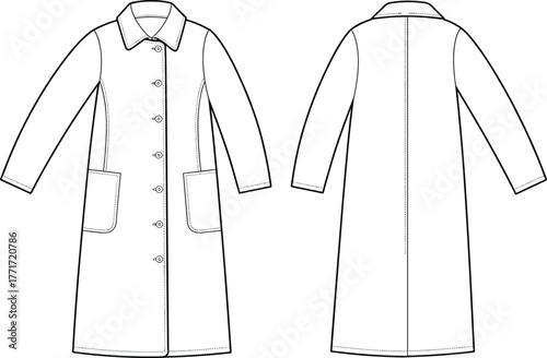 PrintLong coat technical flat sketch, front and back view, outerwear fashion template, trench coat vector illustration, garment design drawing, apparel outline