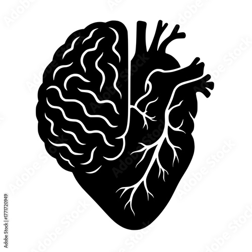 Brain Heart Silhouette with Arteries and Folds on White Background