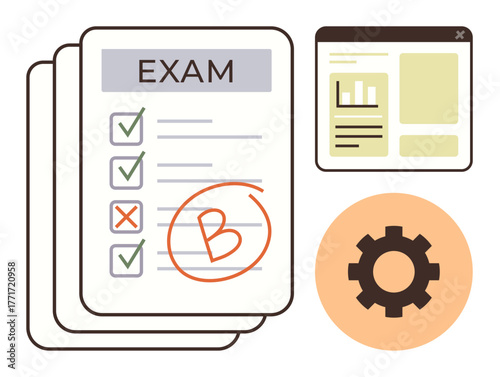 Exam paper with correctness marks and a B grade, online dashboard, and gear symbol for optimization. Ideal for education, feedback, evaluation, grading, analytics learning planning. Simple flat