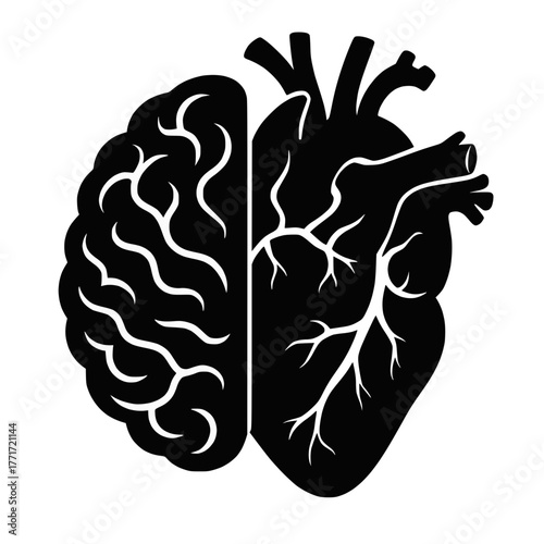 Brain Heart Silhouette with Arteries and Folds on White Background
