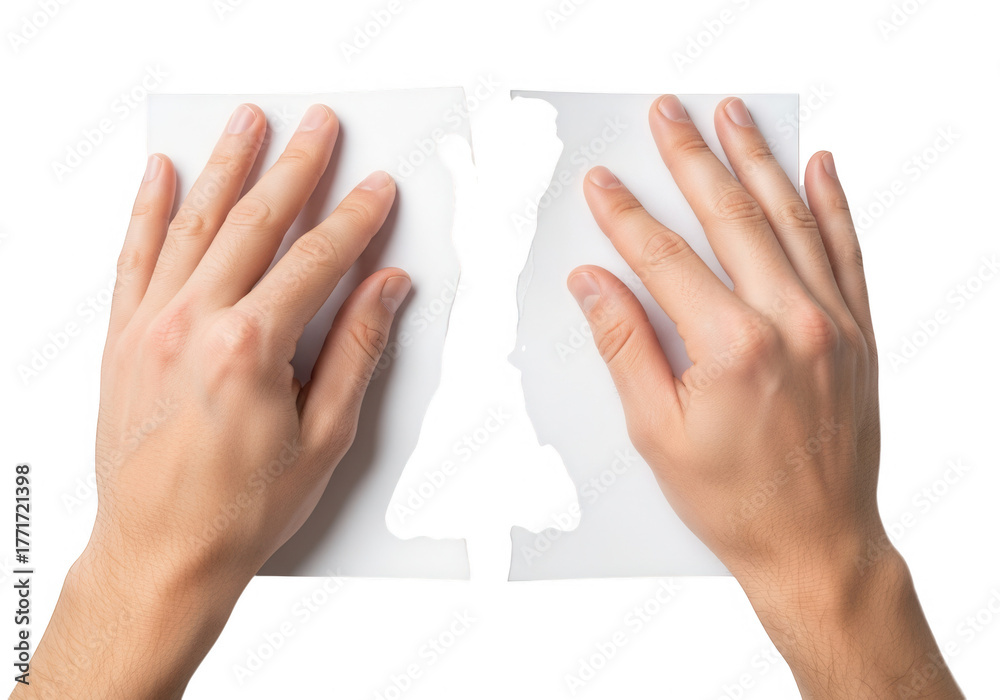 Obraz premium Hands tearing a sheet of white paper, showing the concept of separation
