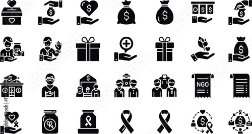 Collection of diverse charity and donation icons representing giving support and generosity