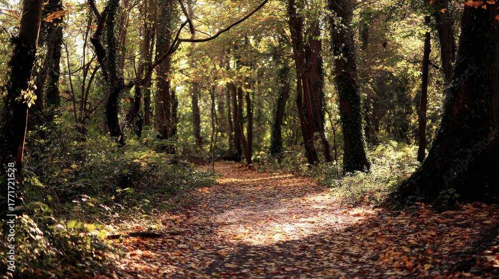 Obraz premium narrow. Narrow forest path with autumn leaves and dappled sunlight. representing seasonal cycles and harvest abundance, travel magazines, designed for travel destination branding.