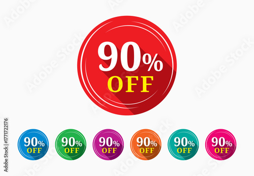 Discount tag template. Discount buy now label pop-up banner with 90 percent off price reduction badge promotion, red discount sale tags with percentages.