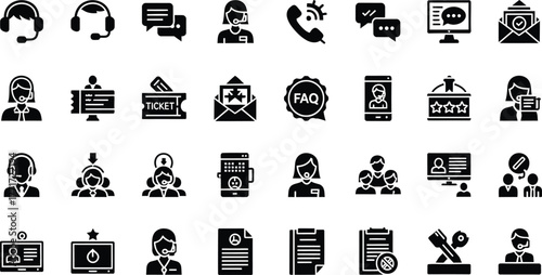 Collection of black and white icons representing customer service support and communication