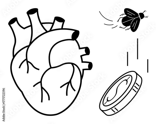 Anatomical heart, flying coin, and buzzing fly emphasizing vitality, value, fleeting moments, life, health, time economy. Ideal for healthcare finance metaphors impermanence motivation