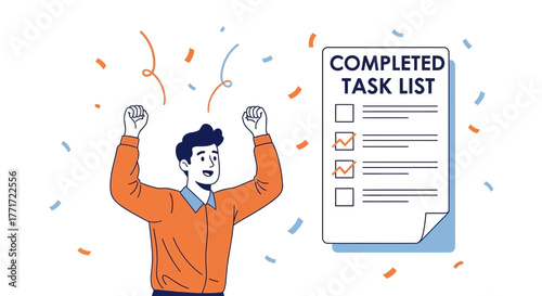 Achievement Celebration With Completed Task List And Symbol Of Task Done