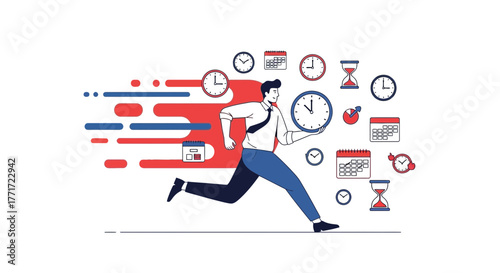 Businessman Running Against Time, Holding Clock Representing Deadline And Efficiency Emphasis