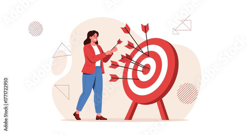 Businesswoman Achieves Her Goals By Hitting The Target, Success, And Achievements