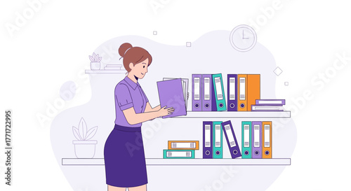 Businesswoman Organizes Files In An Office, Showing Organization, Management, And Focus