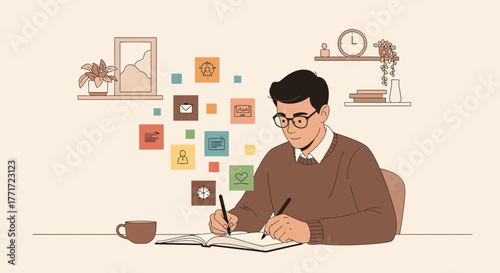 Creative Writer Composing Notes With Icons Ideas and Stationery On His Desktop Table