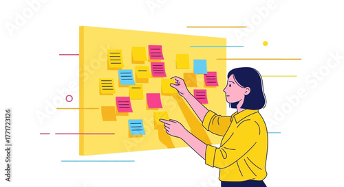 Creative Process And Teamwork Using Sticky Notes With A Focused Individual