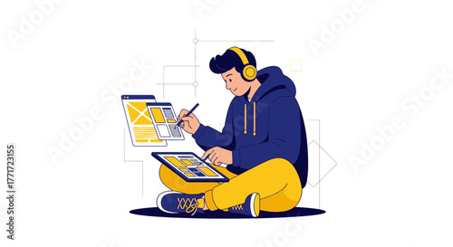Digital Artist Creating Designs Using Tablet And Interface On The White Background