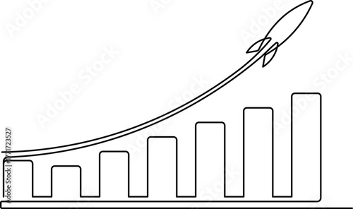 One line art business growth. Continuous line drawing of rising bar chart with rocket