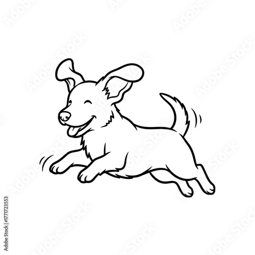 Happy Cartoon Puppy Running or Leaping. Simple Line Art Drawing of a Cheerful Pet Dog. Minimalist Outline Vector Illustration for Kids.