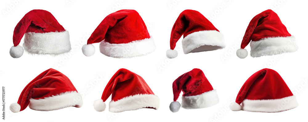 Fototapeta premium PNG Festive red Santa hats collection, element set on transparent background