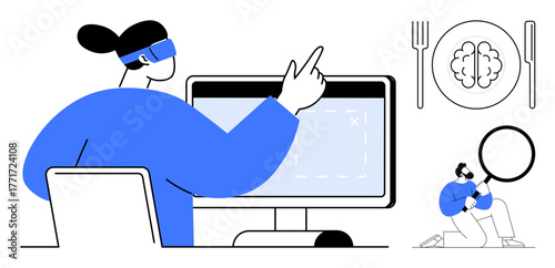 Woman using virtual reality headset at computer, brain icon with utensils, person with magnifying glass. Ideal for innovation, brainstorming, VR tech, education, analysis, creativity simple flat