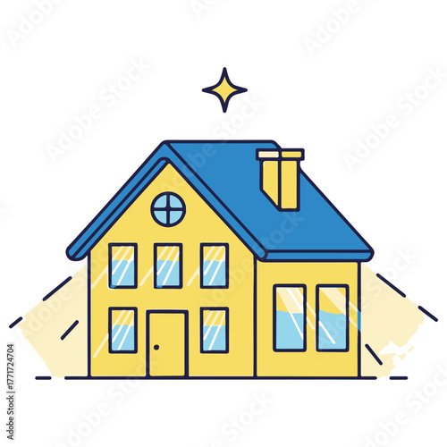 Flat Design House Illustration with Yellow Walls Blue Roof Shining