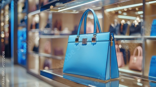 A blue handbag with silver hardware and gold accents, displayed on a glass shelf in a high-end fashion store.