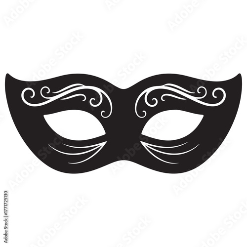 Elegant Black Masquerade Mask with Ornate White Swirls on White Background