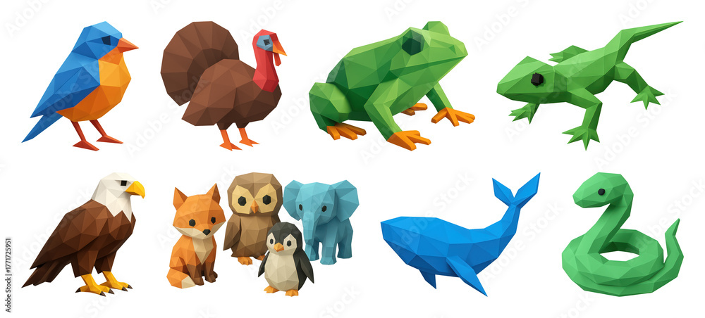 Naklejka premium PNG Colorful low-poly animal collection, element set on transparent background
