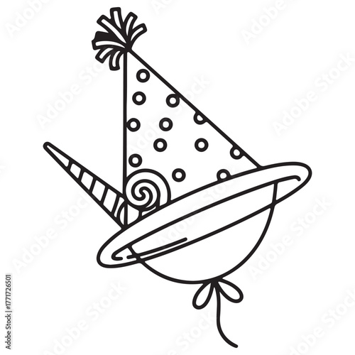 Party hat, horn, balloon illustration with simple black line art