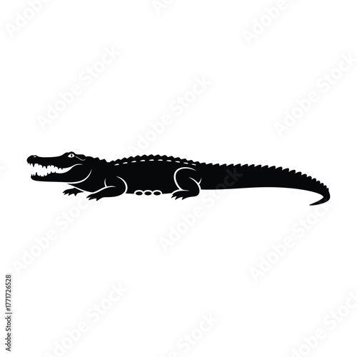 Silhouette of an alligator lurking stealthily, , capturing its powerful physique and menacing presence in a sleek, minimalist design