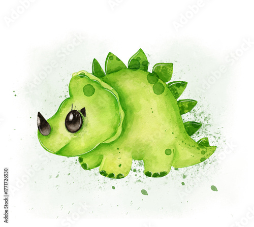 Cute green dinosaur illustration with big eyes and spiky back in a playful design surrounded by light splashes of color