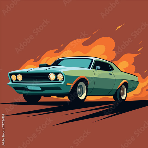 Retro muscle car racing with fiery background, bold colors and dynamic shadows, vintage illustration style.