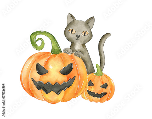 Black cat perched on laughing pumpkins during Halloween festivities in a festive atmosphere