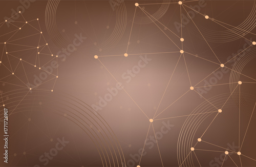 Abstract vector background. Elegant background for business presentations. Lines, point, plane in 3D space.Cryptocurrency fintech network blockchain and programming concept. Gold circles on brown